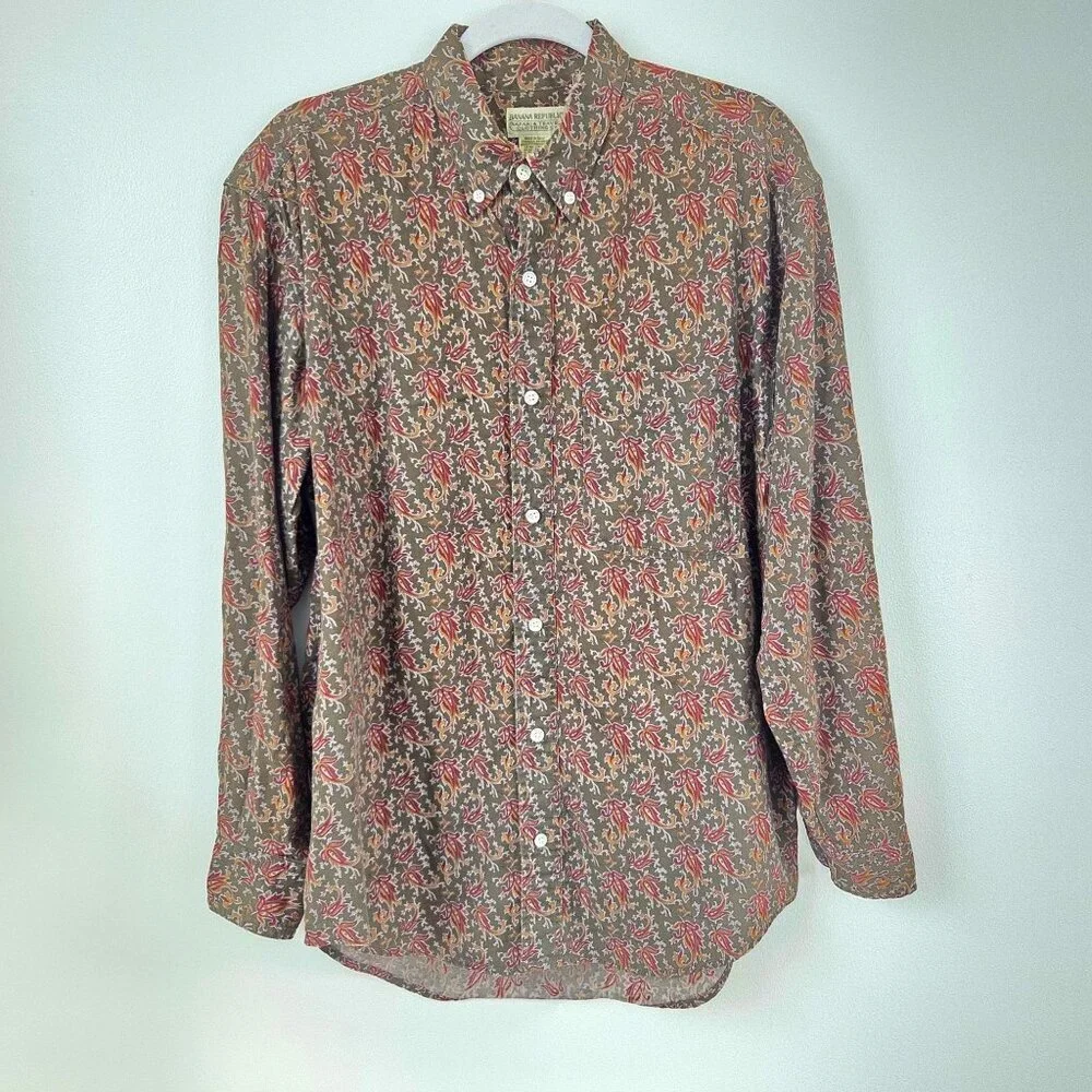 VTG Banana Republic Safari & Travel Clothing Green Paisley Button Up Size Medium